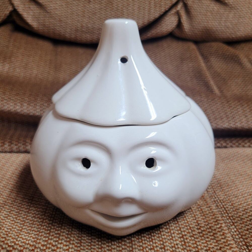 VTG 1980s M.Y. Ceramic Garlic Pot Canister w/Lid Anthropomorphic Smiling Face